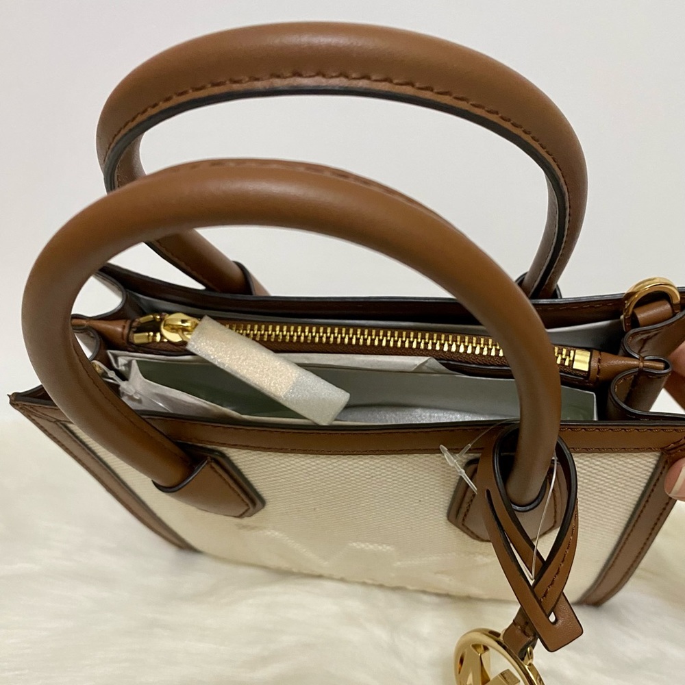 Michael Kors Small Satchel Handbag Brown and Linen Cream NWT - Picture 8 of 10
